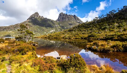 Landscape of a majestic mountain range reflected in a serene, still lake, showcasing natural beauty