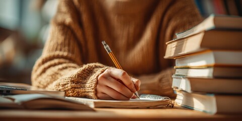 Academic Focus Theme: College student writing notes at wooden desk surrounded by stacked textbooks

