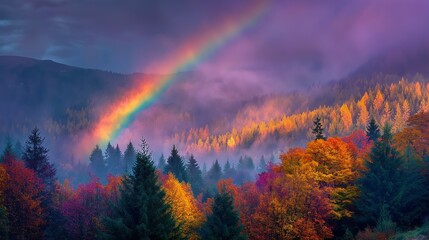 霧の森とカラフルな紅葉、幻想的に輝く虹