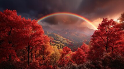 紅葉の山々に架かる雄大な虹