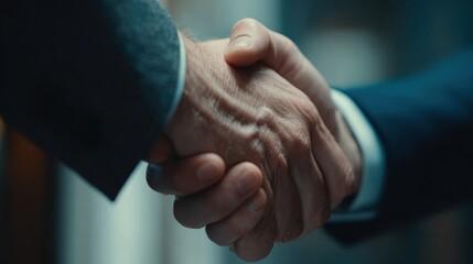 Two hands shaking in a professional setting, symbolizing agreement, partnership, and collaboration between individuals.
