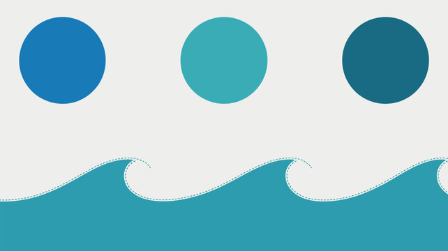 Illustration of three blue circles above teal waves on a white background with dotted line accents
