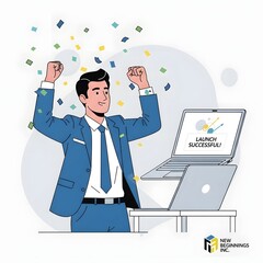 Jubilant professional celebrates a successful project launch, surrounded by falling confetti, embodying triumph, achievement, and business success