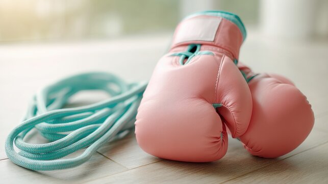 A pair of pink boxing gloves rests on a wooden floor next to a skipping rope, highlighting a focus on fitness and boxing training. - Powered by Adobe
