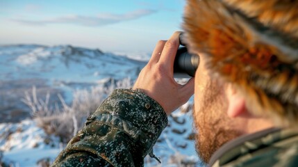 Winter Landscape Exploration with a Person Using Binoculars to Observe Nature in a Snowy Environment