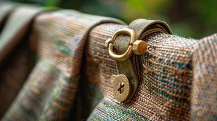Close-Up of a Rustic Button and Strap on a Textured Fabric Surface in Natural Light