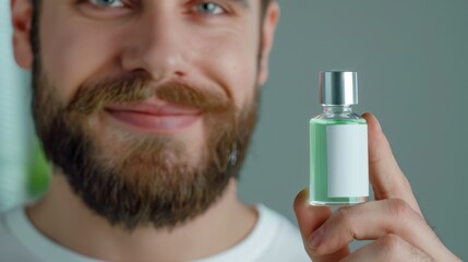 Man with Beard Smiling While Holding Bottle of Fragrance in Bright Indoor Environment