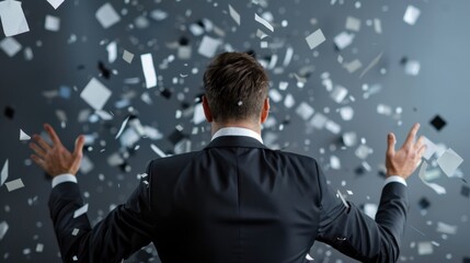 Businessman in Suit Surrounded by Confetti Celebrating Success and Achievement in a Modern Office Environment