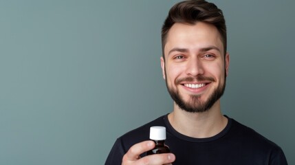 Smiling young man holding a bottle in front of a neutral colored wall, promoting wellness and self-care products