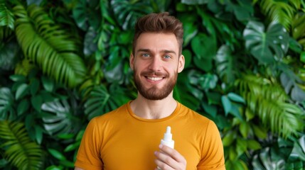 Young man in casual wear holding skincare bottle with green tropical foliage background for beauty and wellness concept