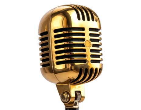 Classic Vintage Gold Microphone with Retro Design, isolated on transparent background