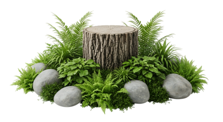 Natural easter arrangement with tree stump eggs and greenery isolated on transparent background