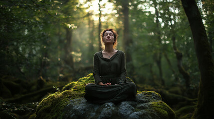 woman sitting on moss rock, eyes closed, forest glow, harmony and stillness