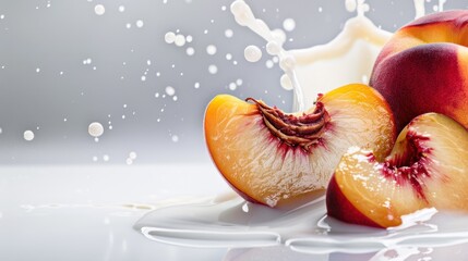 Fresh Juicy Peach Slices with Creamy Milk Splash on White Background for Healthy Food Presentation