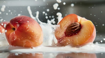 Juicy Peaches Splashed in Milk with Dynamic Water Droplets and Fresh, Vibrant Colors Inspiring Culinary Creativity