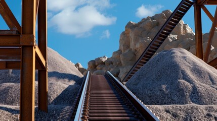 Industrial Landscape with Conveyor Belt Leading Upward Among Sandy Hill and Blue Sky with White Clouds