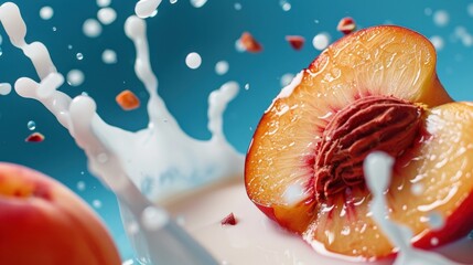 Fresh Peach Slice with Creamy Milk Splash Captured in a Bright and Colorful Setting