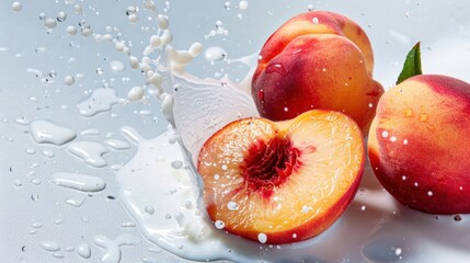 Fresh Peaches Sliced and Surrounded by Milk Splashing on Light Background for Culinary Concept