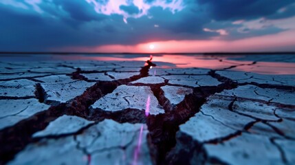 Cracked Earth Under Dramatic Sky During Sunset with Reflections on Water Surface