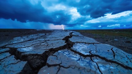 Dry Cracked Earth Under Dramatic Storm Clouds Illuminated by Lightning in a Striking Landscape