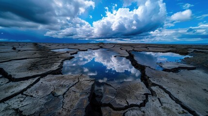 Expansive Cracked Earth with Reflective Puddle Under Dramatic Blue Sky and Fluffy Clouds