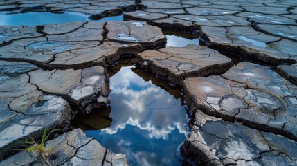 Dry cracked earth with reflections of clouds in puddles amidst severe drought conditions and environmental challenges in nature's landscape