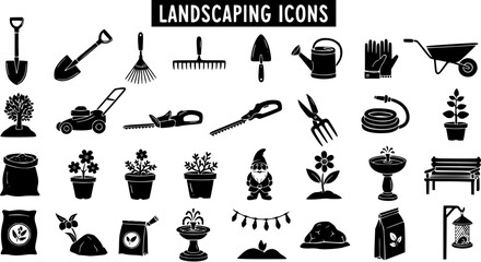 Obraz premium Landscaping and Gardening Icons Set: Black Silhouettes of Tools, Plants, and Outdoor Decor on White Background for Yard Care and Horticulture