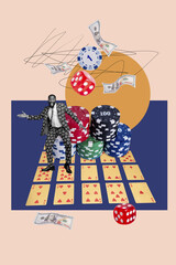 Collage of casino addiction theme with cards dice chips poker roulette blackjack representing gambling temptation and risk