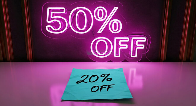 Stunning 50% OFF neon sign illuminates a vibrant sale announcement, creating irresistible shopping urgency and excitement for promotions.