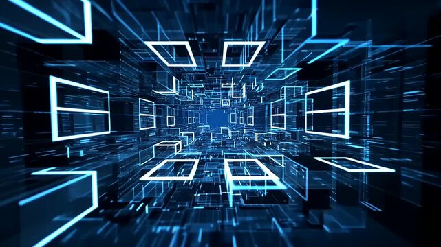 Immersive abstract digital tunnel with glowing blue and white geometric shapes
