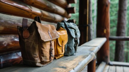 Vintage style backpacks arranged on a rustic wooden shelf in a forest cabin setting with natural light illuminating the scene