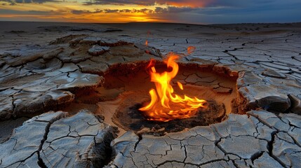 Natural Fire Erupting from Desert Ground Under Dramatic Sunset Sky with Cracked Earth Surface