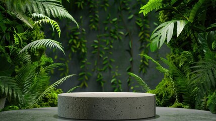 Serene Greenery Background with Concrete Pedestal Surrounded by Lush Plants and Tropical Foliage for Nature-themed Projects