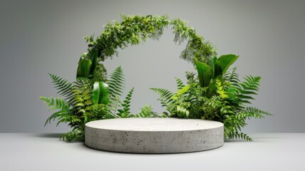Greenery Arch with Round Concrete Platform in Minimalist Studio Setting for Product Display or Photography Background