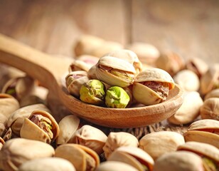 Macro shot of pistachios on a wooden spoon surrounded by a pile of pistachios on a light wooden surface. Focus is sharp