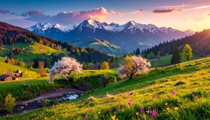 Lush green meadows, flowered trees, and snow-capped mountains bask in a golden sunset. A serene valley stretches to the peaks