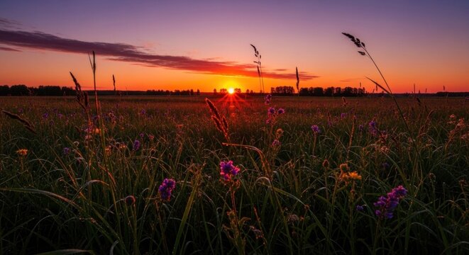 A vibrant sunset over a field of wildflowers, with a lone tree in the distance. - Powered by Adobe