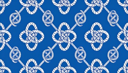 Interwoven white rope pattern on blue background. Knot motifs are linked by a chain of rope