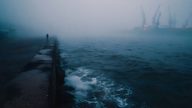 A solitary figure walks along a fog covered pier next to a turbulent sea with industrial cranes looming in the hazy distance - Powered by Adobe
