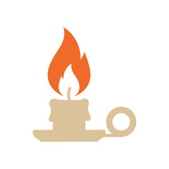 Simple beige candle with orange flame on white background fire light