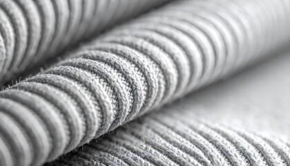 Macro shot of textured, gray ribbed fabric creates a wavy, linear pattern and depth through light and shadow interplay