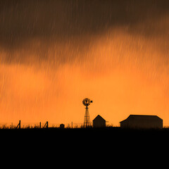 Silhouette of farm buildings and a windmill against a stormy orange sky with falling rain visible