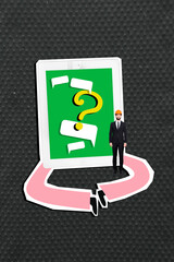 Vertical trendy banner 3d collage photo of serious man builder stand tablet bodyless legs bubble notification question mark