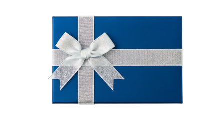 Blue gift box with white ribbon and bow isolated on transparent background