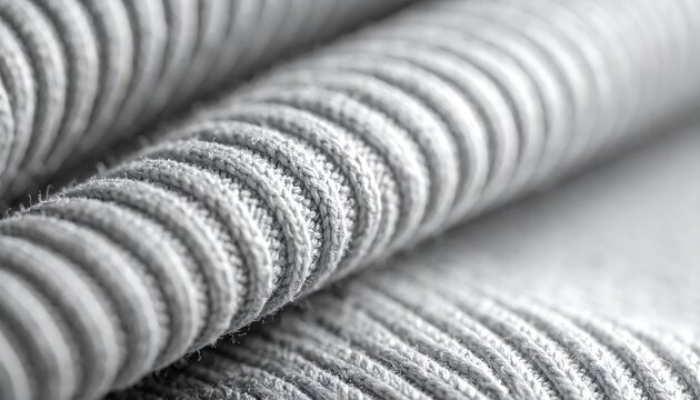 Macro shot of textured, gray ribbed fabric creates a wavy, linear pattern and depth through light and shadow interplay