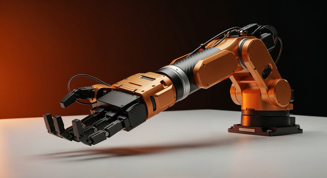 Orange Industrial Robot Arm with Gripper stock natural.