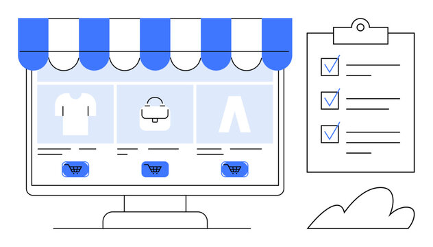 Computer showcasing an e-commerce platform with product listings, shopping carts, clipboard checklist, and cloud detail. Ideal for e-commerce, digital marketplace, retail, product management