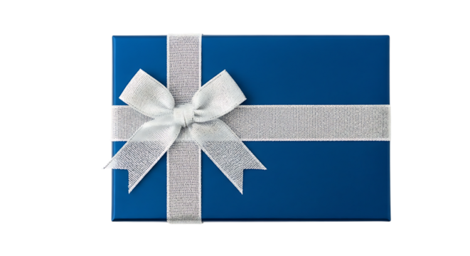 Blue gift box with white ribbon and bow isolated on transparent background