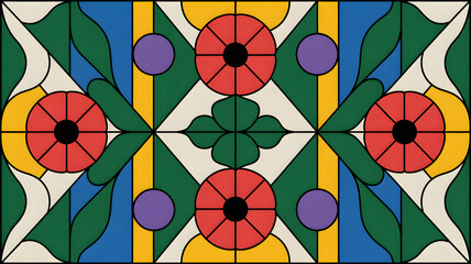 Geometric floral pattern with red poppies, green leaves, and purple circles geometric pattern design| floral wallpaper |modern geometric seamless pattern