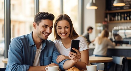 Happy young couple smiling while looking at a smartphone in a cafe.